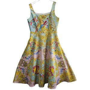 Flare Skater Dress Baroque Skull Parrot Rhinestone Floral Print Size L Pockets